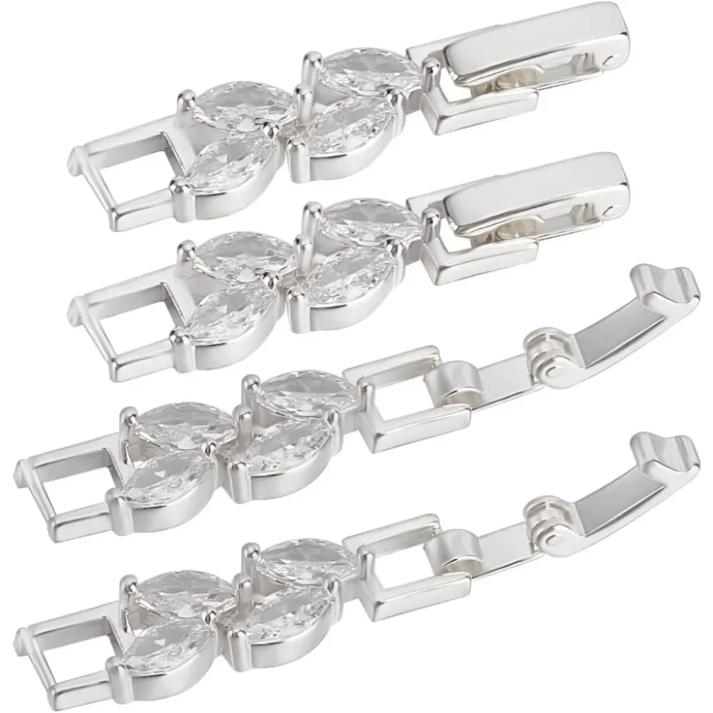 1 Box 6Pcs Bracelet Extender Clasp Leaves Shape Cubic Zirconia Silver Fold Over Clasps Watch Band Extension Clasp for Jewelry