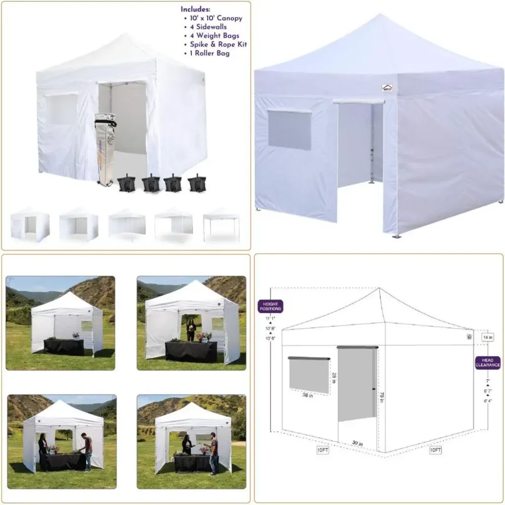 10′ x 10′ USA Canopy Kit: 4 Sides, Door & Window, Weight Bags, Spike, Rope, Roller Bag, White