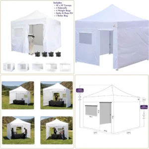 10′ x 10′ USA Canopy Kit: 4 Sides, Door & Window, Weight Bags, Spike, Rope, Roller Bag, White