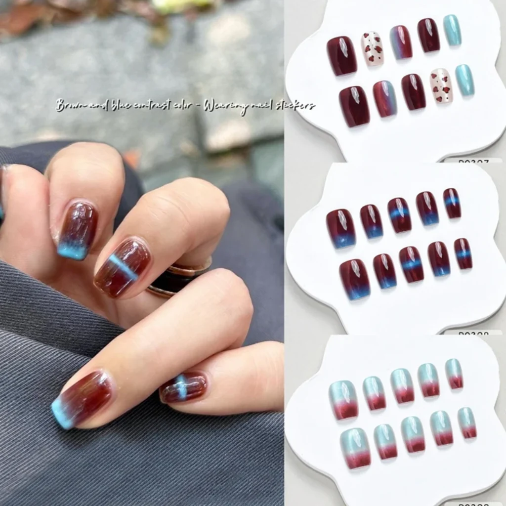 10Pcs Autumn Winter New Style Blue Brown Contrast Color Nail Art Nail Sticker Press on Nails Nail Patch Temperament Fake Nails
