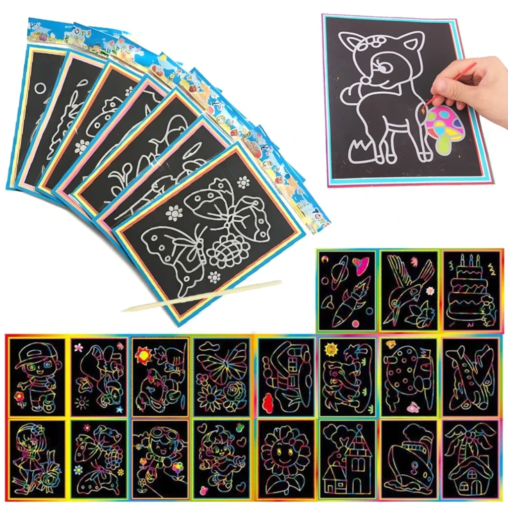 10Sheets Scratching Painting Paper Set Cute Cartoon Mix Style DIY Handmade Graffiti Supply Festival Birthday Party Souvenirs ZYF
