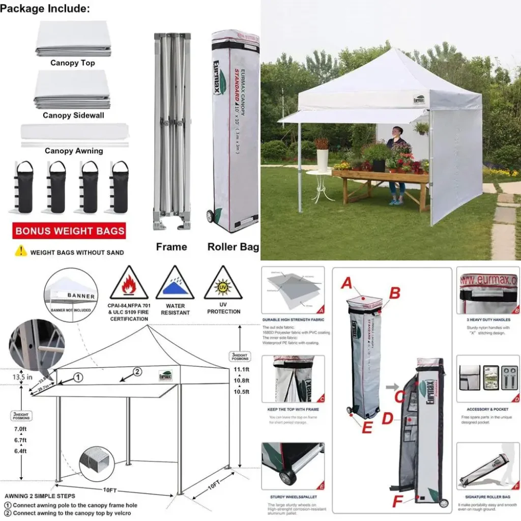 10×10 USA Outdoor Party Tent with 4 Zippered Sides, Roller Bag, Sand Bags & Awning (White)