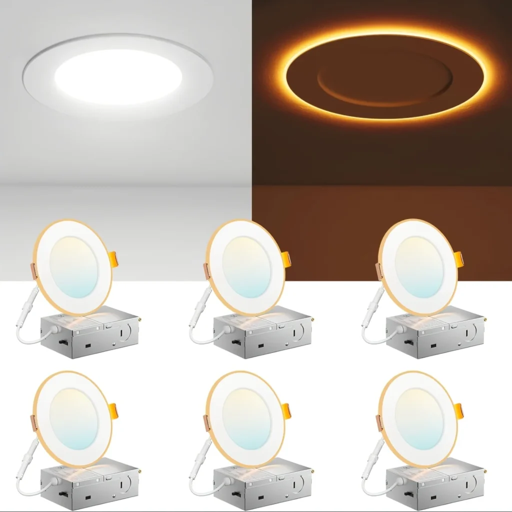12/6 Pack 4/6 Inch 5CCT LED Recessed Ceiling Light with Night Light, 2700K/3000K/3500K/4000K/5000K Selectable Ultra-Thin Lighting, 12W=110W, 1100LM, Dimmable Canless Wafer Downlight