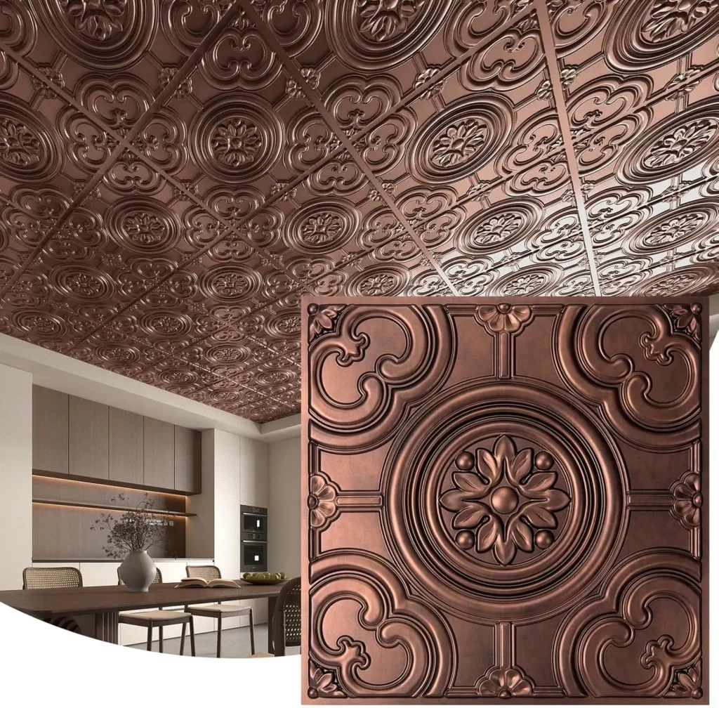 12-Pack 24″x24″ Waterproof Glue-up Ceiling Tiles, Antique Copper Finish Drop Panels for Easy Installation