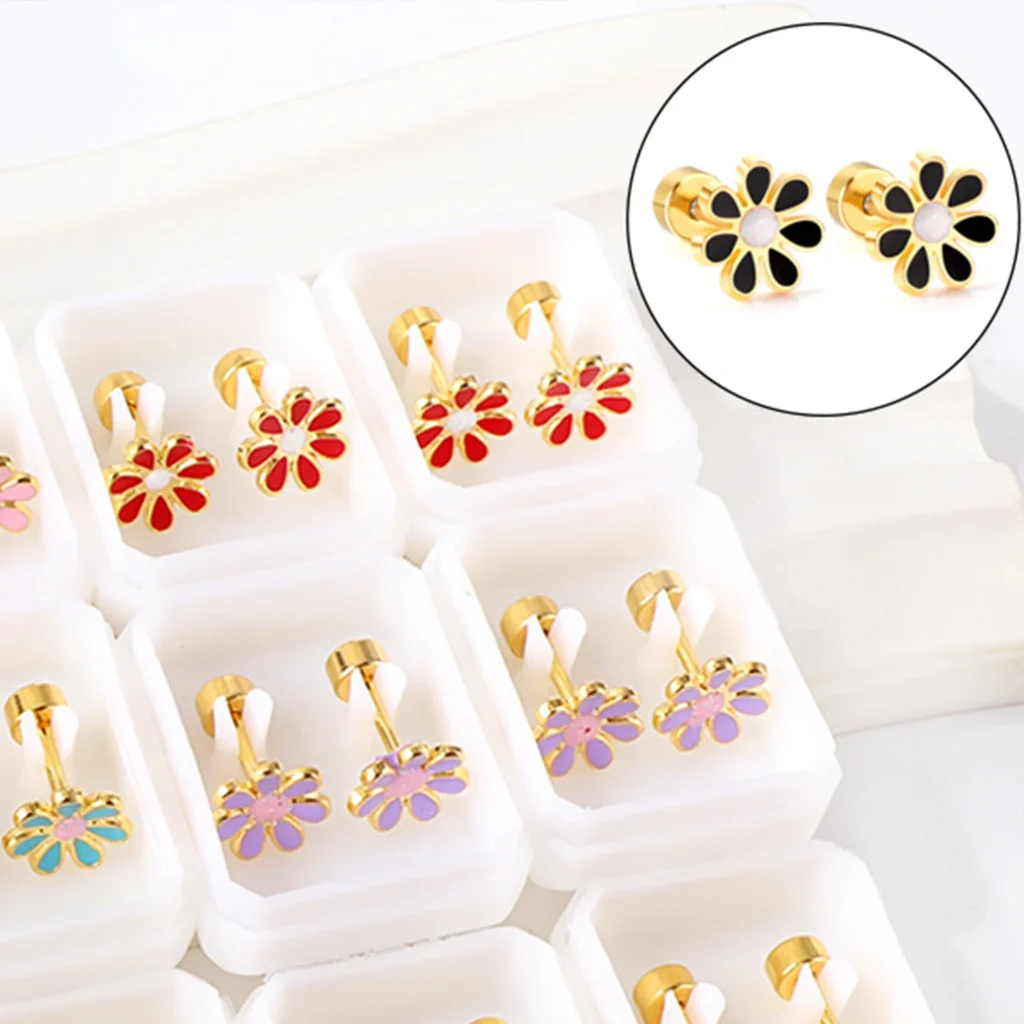 12Pair/Box Flower Daisy Stainless Steel Stud Earrings With Glitter Trendy Cute Hypoallergenic Casual Earrings Jewelry Gift 2024