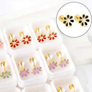 12Pair/Box Flower Daisy Stainless Steel Stud Earrings With Glitter Trendy Cute Hypoallergenic Casual Earrings Jewelry Gift 2024