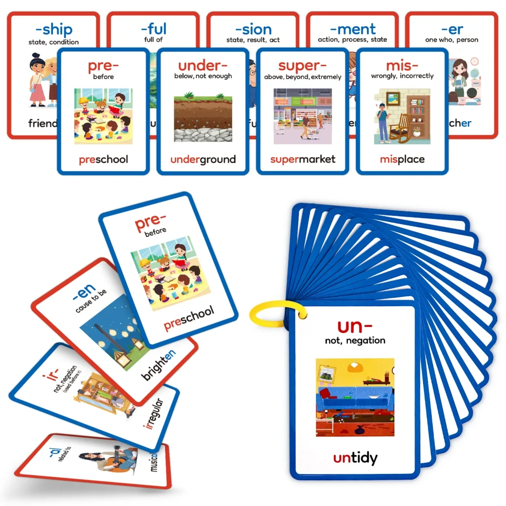 15pcs Double-Sided Prefixes and Suffixes Learning Flashcards,  Easily Master Word Formation, Ideal for Homeschool and Educators
