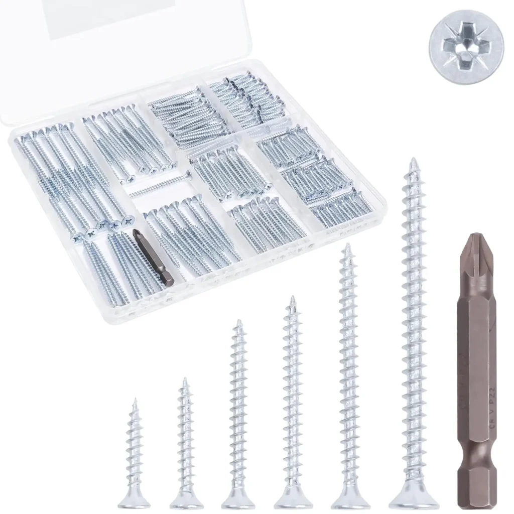190 Pcs Wood Screws Assortment, 6 Sizes Flat Head for Wood & Drywall, with Organizer Box
