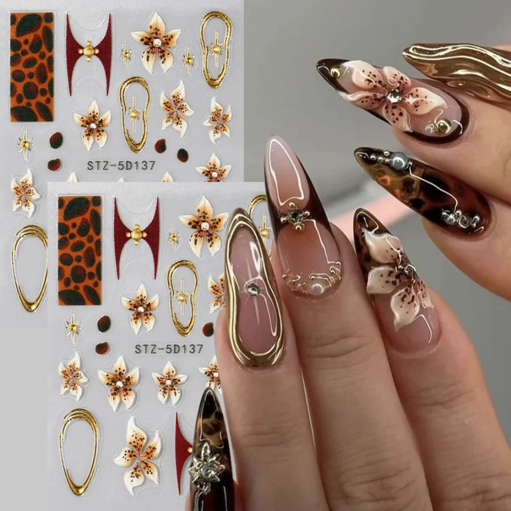 2 pcs 5D Embossed Brown Fairy Orchid Flower Nail Stickers Golden Bronzing Lines Stars Adhesive Sliders for Nails DIY Charms Deco