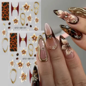 2 pcs 5D Embossed Brown Fairy Orchid Flower Nail Stickers Golden Bronzing Lines Stars Adhesive Sliders for Nails DIY Charms Deco