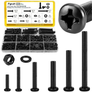 225pcs M4 M5 M6 Phillips Pan Head Screws, Nuts, Washers Assortment Kit for Electrical, Furniture, DIY Projects Black