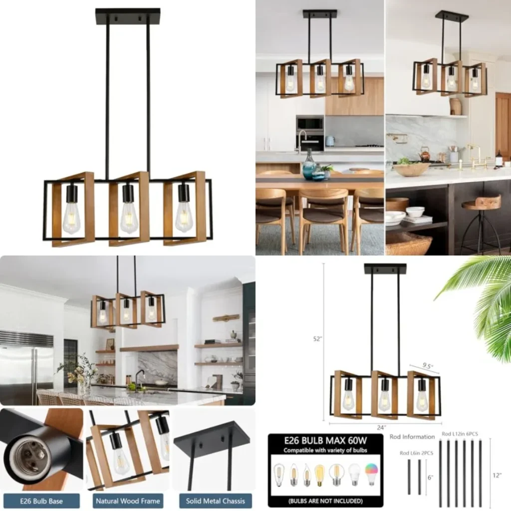23.6″ Kitchen Island Lighting, Dining Tble Chndelier, Rectangle Island Light for DiningandLiving Room, Foyer Hallway, E26, Fram