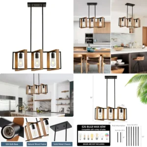 23.6″ Kitchen Island Lighting, Dining Tble Chndelier, Rectangle Island Light for DiningandLiving Room, Foyer Hallway, E26, Fram