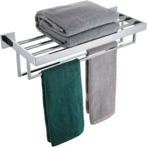 24” Chrome Towel Shelf with Two Bars, SUS304 Stainless Steel Wall Mounted, Polished Finish