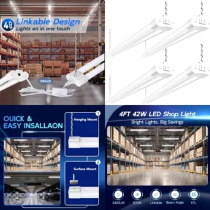 4 Pack Linkable LED Shop Light, 4Feet 42W [250W Equivalent], 4400lm, 5000K Daylight, with Plug, Utility Light Fixture, Hanging