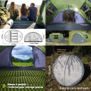 4-Person Automatic Setup Tent, Waterproof, 9.5’x6.6’x52, Ideal for Camping and Hiking