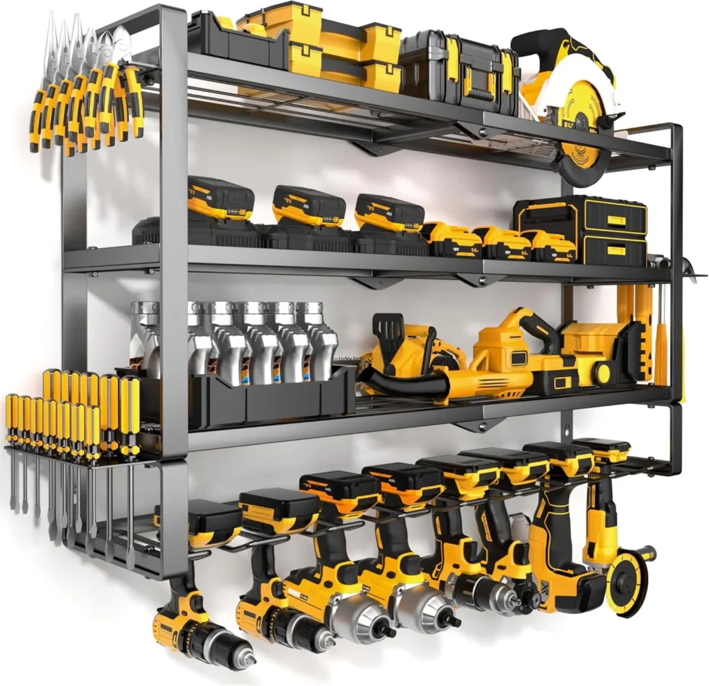 4-Tier Heavy Duty Power Tool Organizer Wall Mount, 400lbs Capacity Garage Storage Rack with 8 Cordless Drill Holders