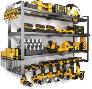 4-Tier Heavy Duty Power Tool Organizer Wall Mount, 400lbs Capacity Garage Storage Rack with 8 Cordless Drill Holders