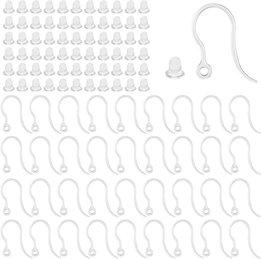 40pcs Clear Plastic Earring Hooks Ear Wire with Loop French Fish Hooks With Transparent Earring Stoppers for DIY Jewelry Making