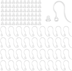 40pcs Clear Plastic Earring Hooks Ear Wire with Loop French Fish Hooks With Transparent Earring Stoppers for DIY Jewelry Making