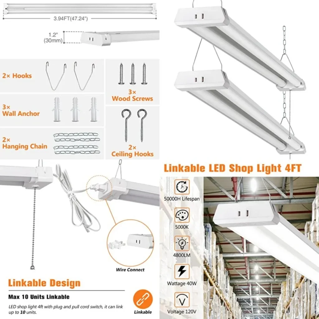 4FT Linkable LED Shop Light Garages, 42W 4800LM