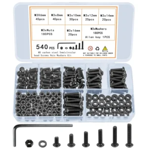 540Pcs M3 Screw Assortment, Hex Socket Button Head Cap Screws, Nuts & Washers Set, 10.9 Carbon Steel, Metric Machine Screws