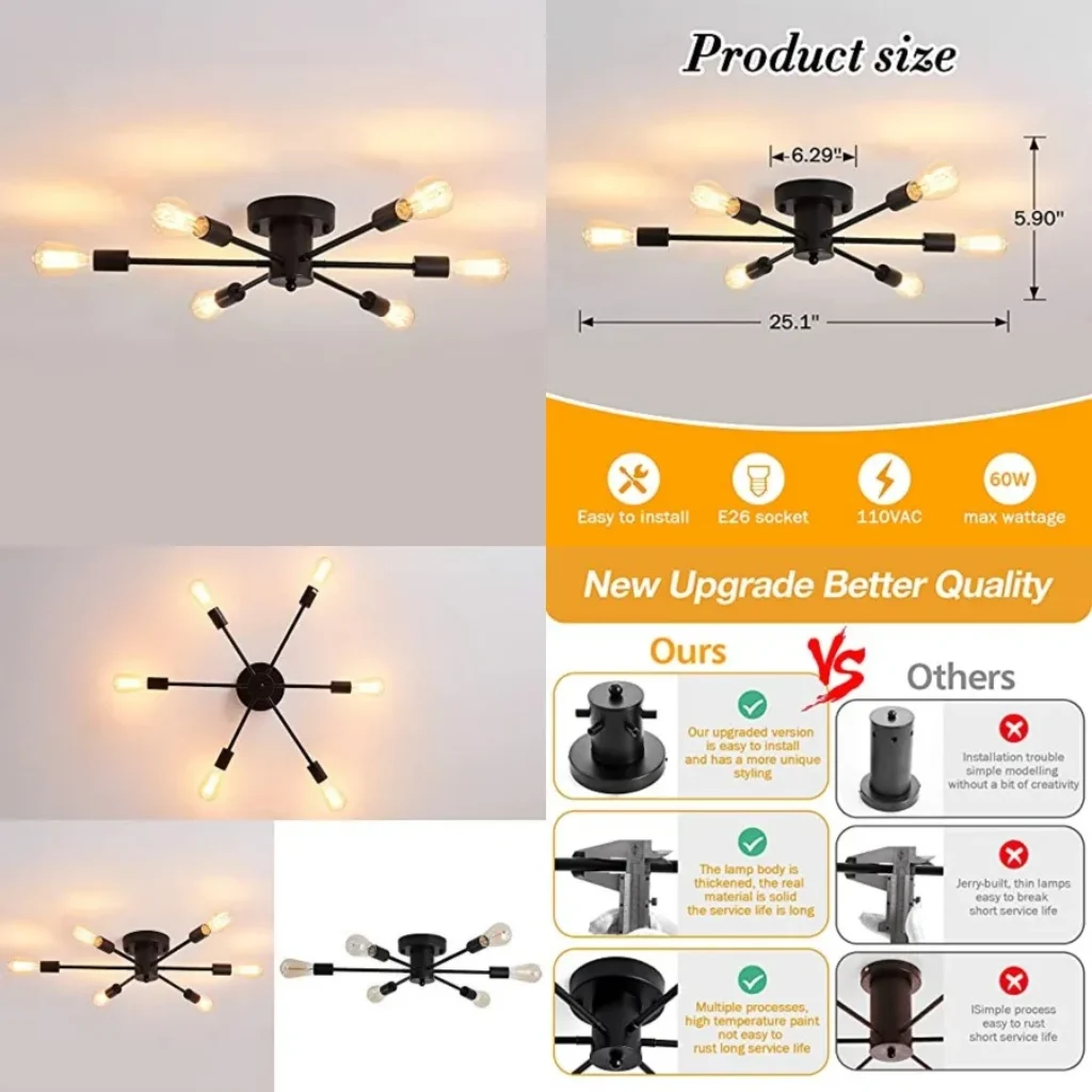 6 Lights Sputnik Semi Flush Mount Ceiling Light