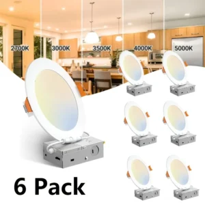 6-Pack 6-Inch 5CCT LED Recessed Ceiling Mount Ultra-Thin Fixture with Wiring Box, 120V 12W, 2700K/3000K/3500K/4000K/5000K, Dimmable Without Can, Suitable for Kitchen, Hallway, Dining Room