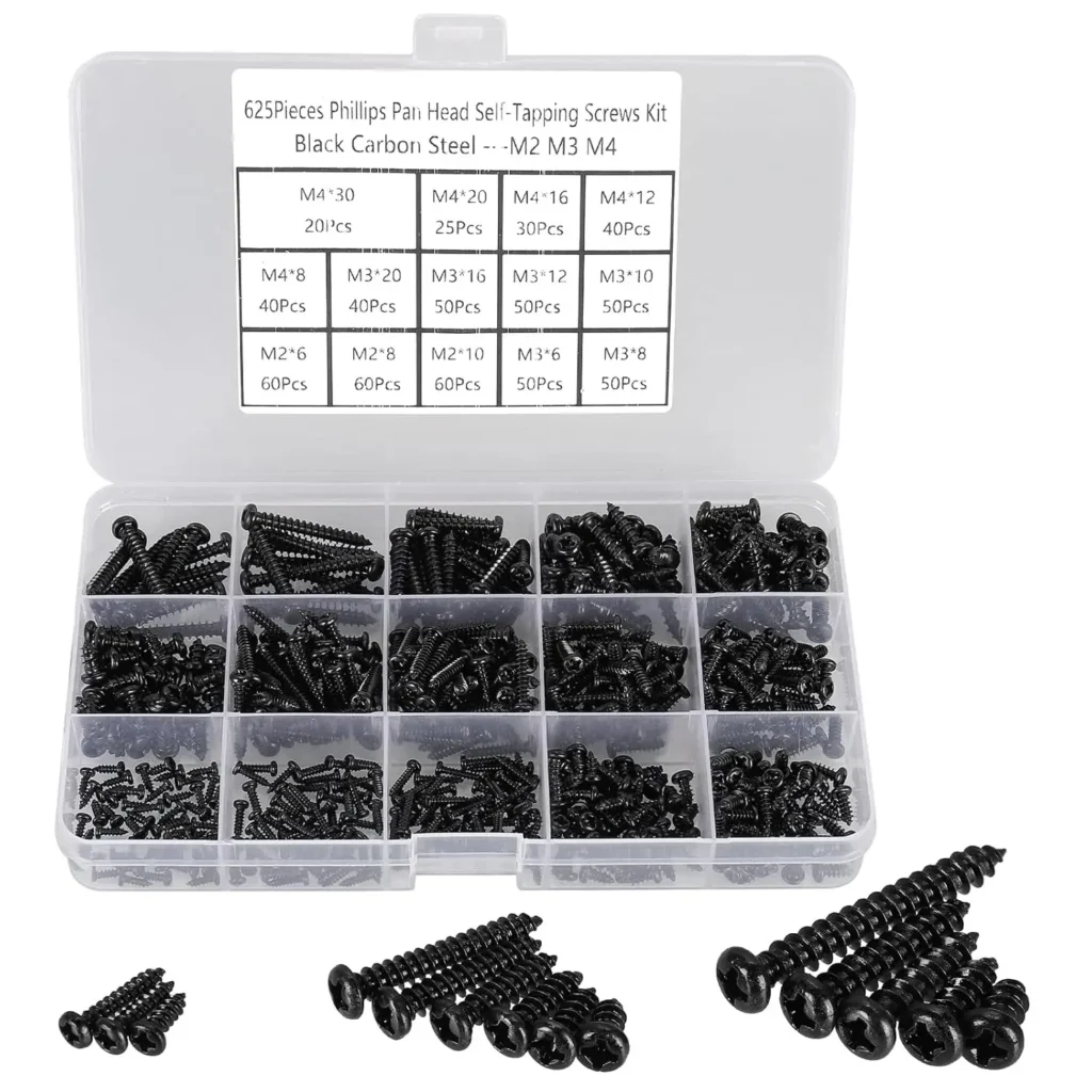 625pcs M2 M3 M4 Phillips Pan Head Self-Tapping Screws Assortment Kit, 14 Sizes for Wood, Plastic, Soft Metal, Black Carbon Steel