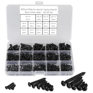 625pcs M2 M3 M4 Phillips Pan Head Self-Tapping Screws Assortment Kit, 14 Sizes for Wood, Plastic, Soft Metal, Black Carbon Steel