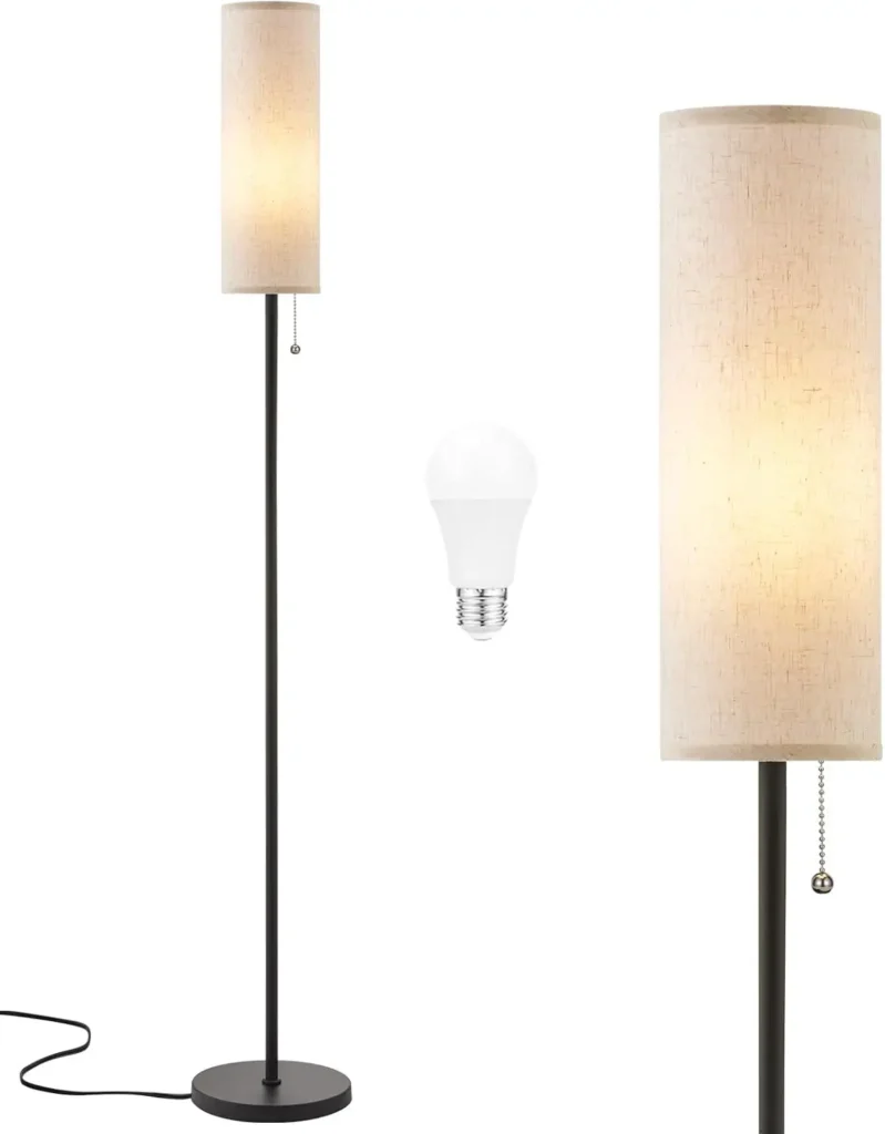 64″ Floor Lamp with LED Bulb, 3 Color Temperatures, Beige Lampshade, Pull Chain Switch, Tall Pole for Living Room Bedroom