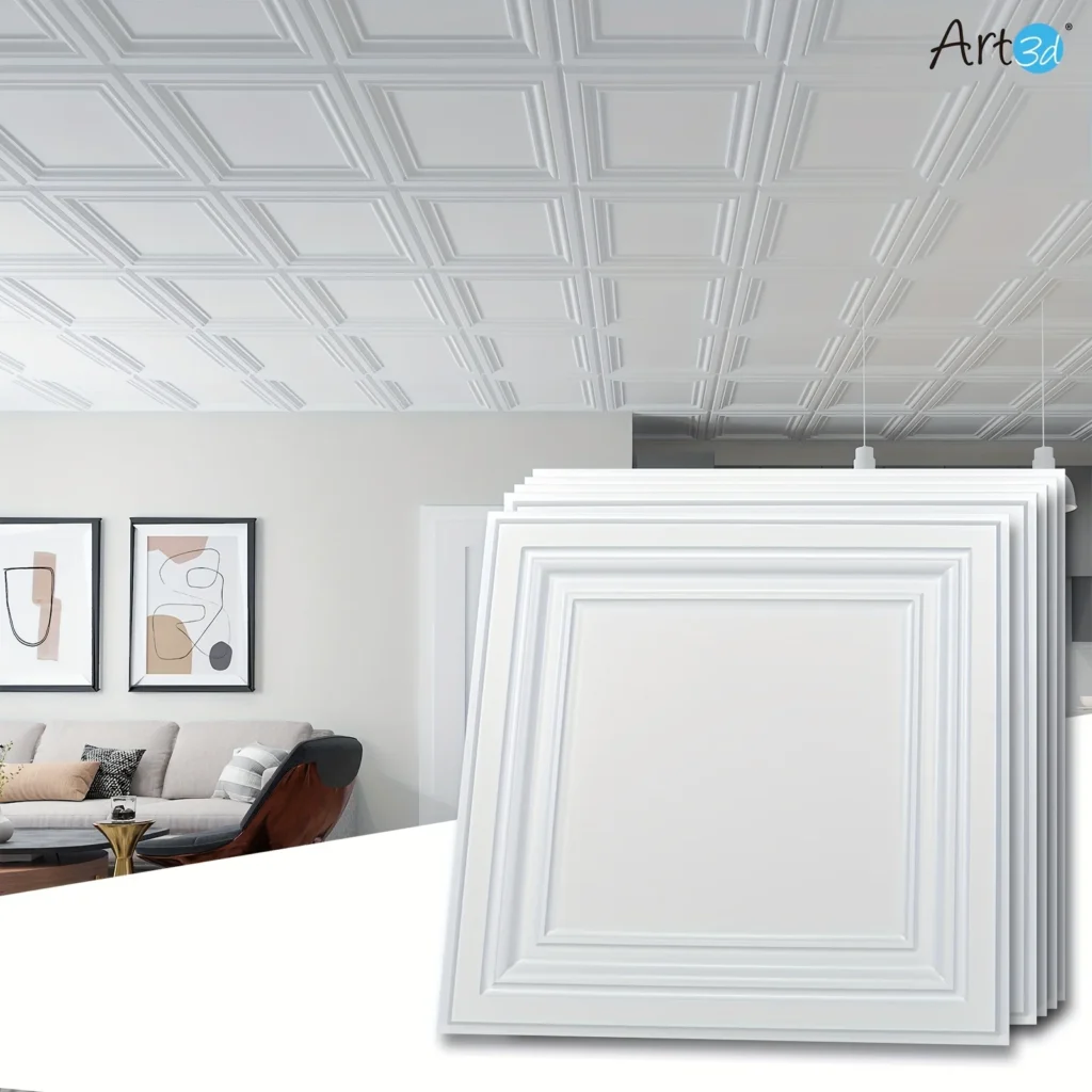 Art3D 12-Pack PVC Ceiling Tiles 24″ X 24″ Plastic Sheet in White, 48 Sq Ft/Case