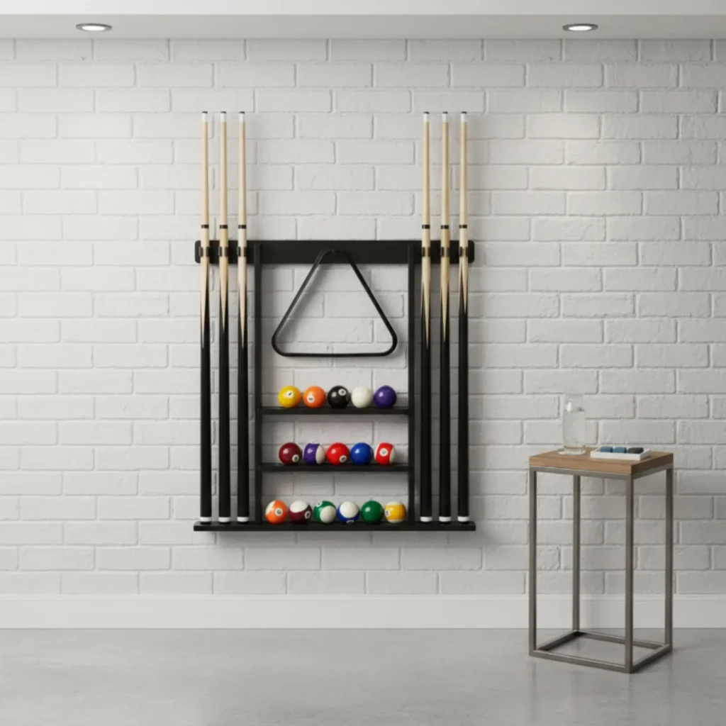Billiard Cue Rack Black Finish Billiard Cue Stand Game Furniture Easy to Install Sports Storage Scratch Protection for Club Room