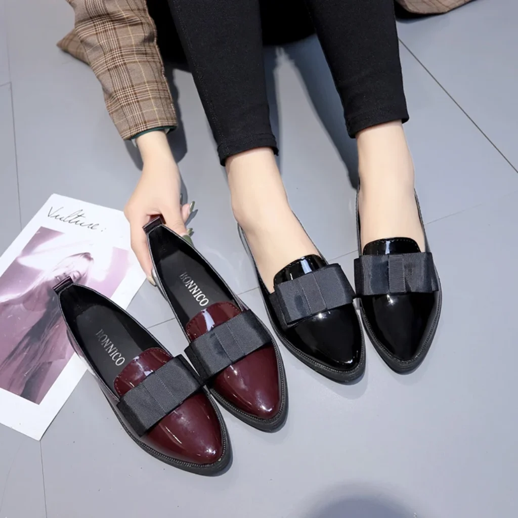 Black/ Wine Red Patent Leather Pointed Toe Flats,