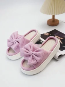 Breathable Linen Bow Women’s Slippers, Summer Anti-Slip Silent
