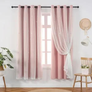 Curtains Blackout for Girls Room – Aesthetic Star Cutout Double Layer with White Sheer Overlay, 63 Inch Length 2 Panels Cute Cu