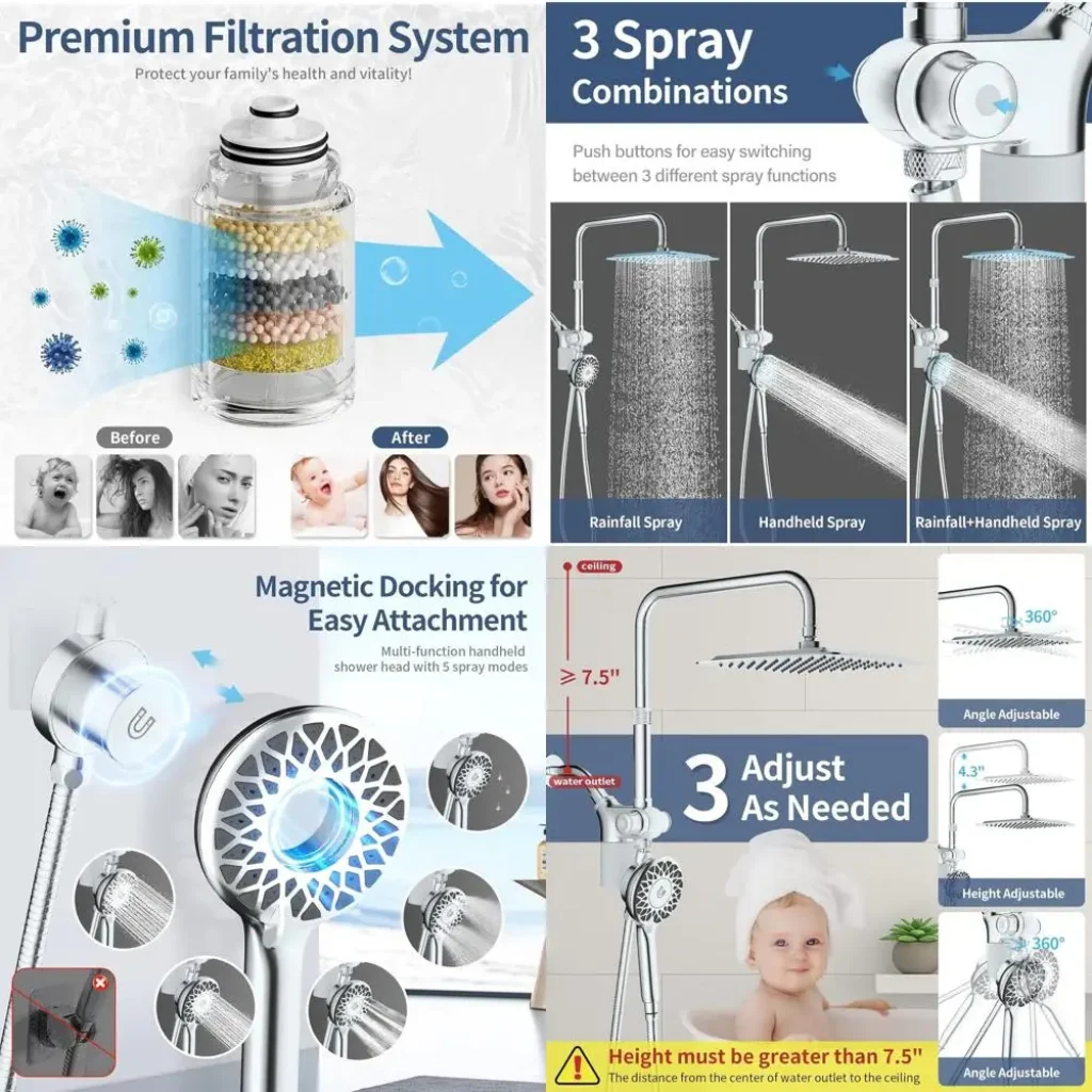 Dual Shower System with Handheld and Rainfall, Magnetic Filter, 79 Hose for Hard Water, Chrome Finish
