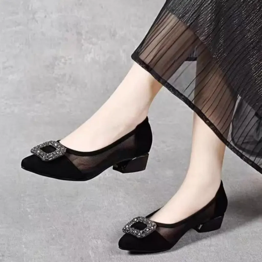 Elegant Pointed Toe Mesh Block Heel Pumps, Rhinestone