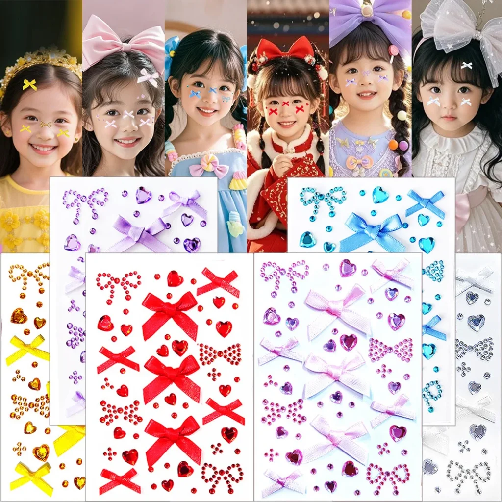 Face Stickers Pink Bow Rhinestone Diamond Shiny Waterproof Self Adhesive for Concert Fan Support Makeup