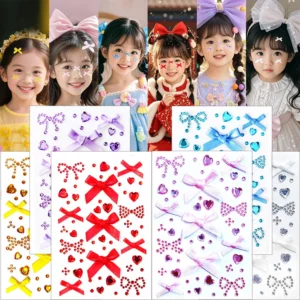 Face Stickers Pink Bow Rhinestone Diamond Shiny Waterproof Self Adhesive for Concert Fan Support Makeup
