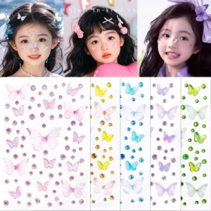 Face Stickers Tulle Butterfly Rhinestone Shiny Waterproof Non Toxic Self Adhesive for Girls Stage Performance Makeup