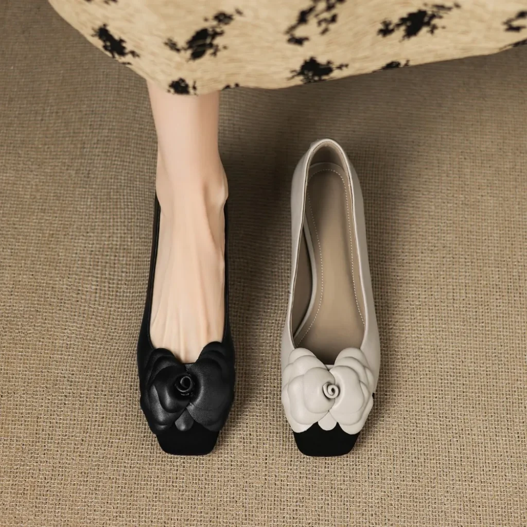 Fashion Flower Single Shoes Autumn Square Toe Shallow