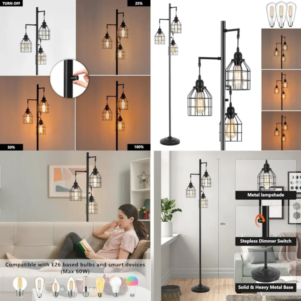 Floor Lamp for Living Room, Farmhouse Industrial Dimmable Floor lamp, 3 Lights Metal Cage Tree Standing Lamp, 68″, 3Pcs Led Bul