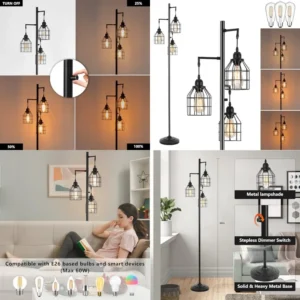 Floor Lamp for Living Room, Farmhouse Industrial Dimmable Floor lamp, 3 Lights Metal Cage Tree Standing Lamp, 68″, 3Pcs Led Bul