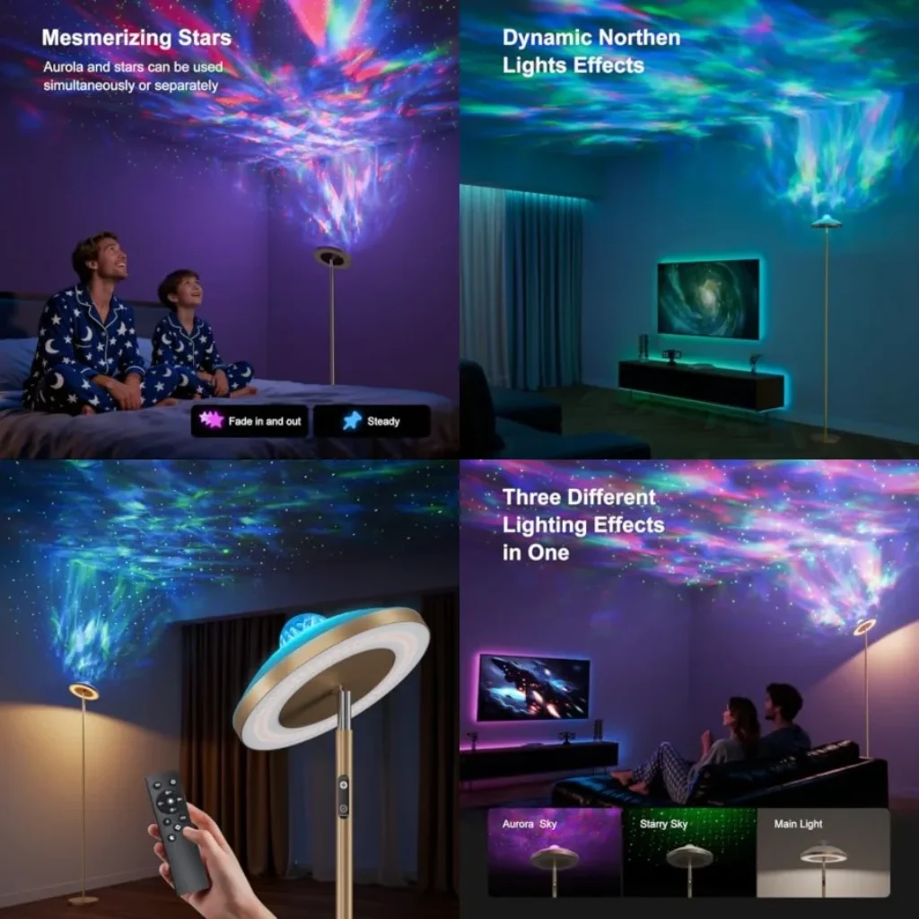 Floor Lamp with RGB Star Projector, 15W 1400LM Dimmable 4 Color Temperatures LED Standing Lamp with Remote, Modern Tall Corner