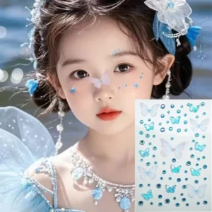 Girls Stage Face Decals Tulle Butterfly Rhinestone Sparkle Waterproof Self Adhesive Premium for Children Party Makeup