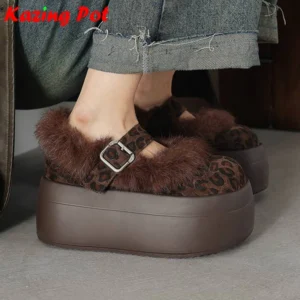 Krazing Pot 2026 Sheep Suede Rabbit Fur Thick Bottom Round Toe Loafers Casual Vulcanized Shoes Flat Platform Leopard Women Flats