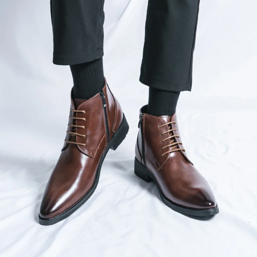 Lace Up High Top Boots for Men Pointed Fashionable Business Boots