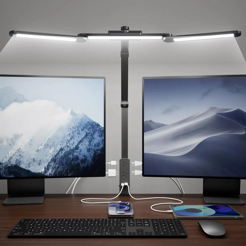 LED Desk Lamp with Power Strip, 6 Outlets & USB Ports, Adjustable Clamp Light with Dimming & Color Control