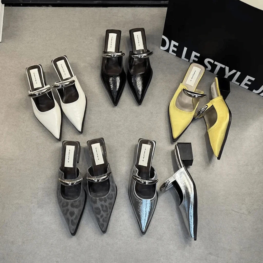 meod Summer Women Cover Toe Mules Slippers Fashion Metal Decoration Thick Heel Slide Shoes Comfort Street Style Footwear